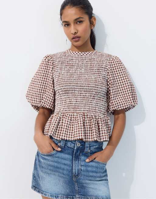Stradivarius - Blusa a maniche corte marrone con peplo, 5 di 7