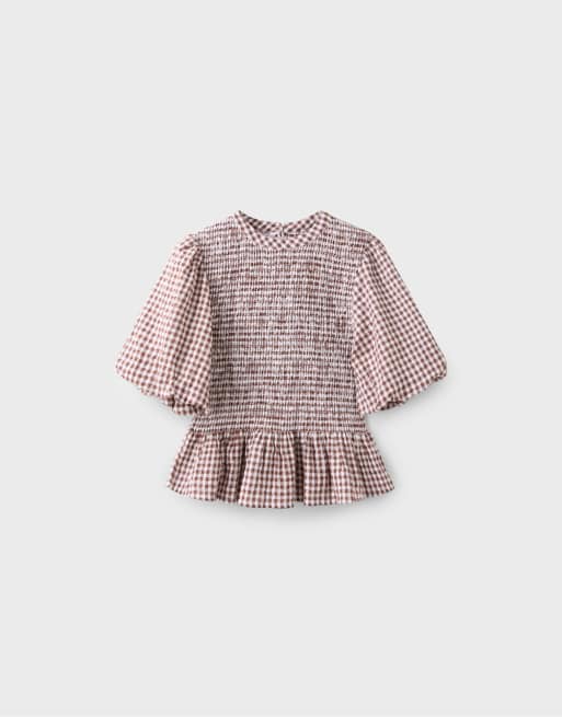 Stradivarius - Blusa a maniche corte marrone con peplo, 6 di 7