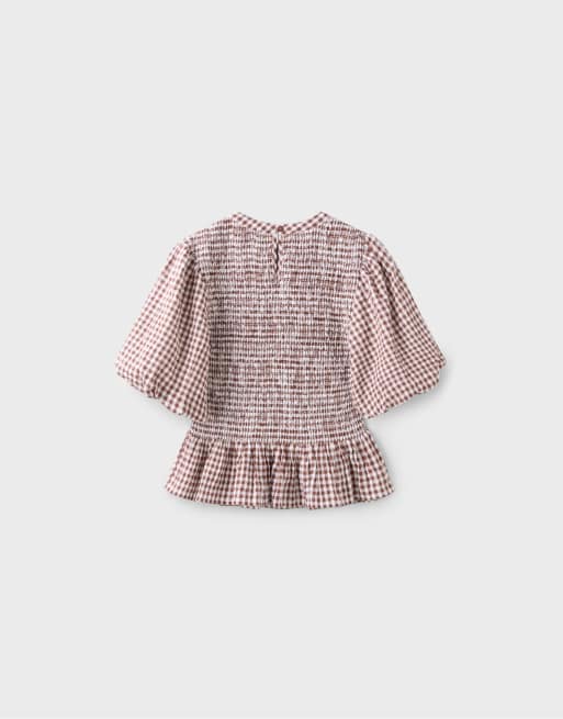 Stradivarius - Blusa a maniche corte marrone con peplo, 7 di 7