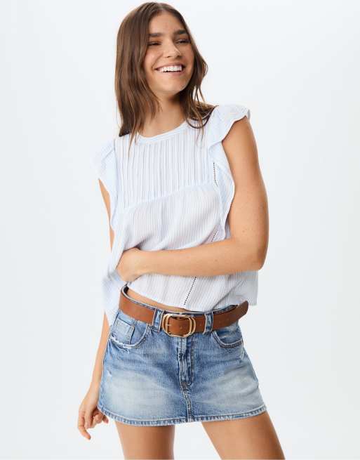 Stradivarius - Blusa morbida color blu cielo con volant
