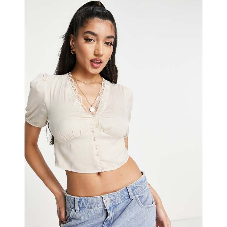 Stradivarius Blusa romantica in raso color pietra con finiture in pizzo