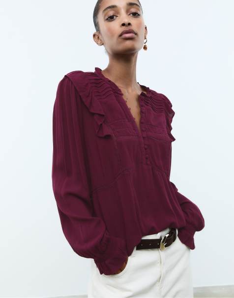 Stradivarius – Bluse in Purpurrot mit Rüschen und Knöpfen - view 1