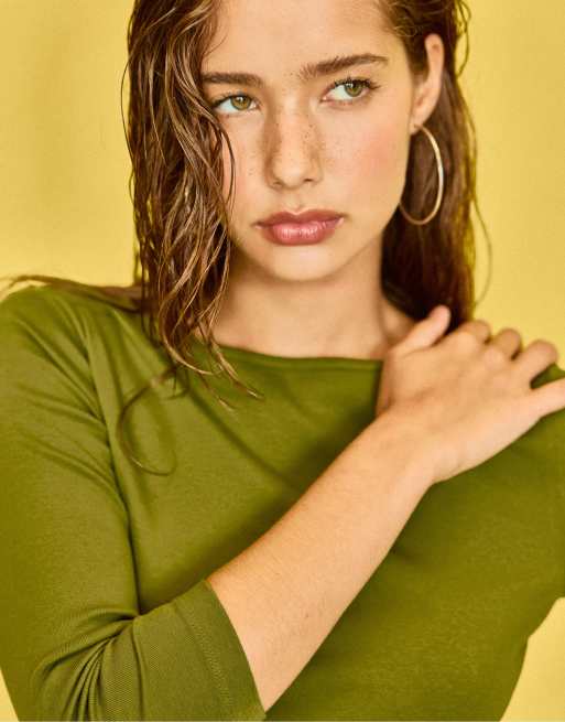 Stradivarius Boat neck 3/4 sleeve t-shirt in dark green, 5 of 7