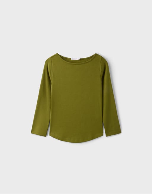 Stradivarius Boat neck 3/4 sleeve t-shirt in dark green, 6 of 7