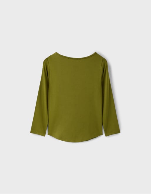 Stradivarius Boat neck 3/4 sleeve t-shirt in dark green, 7 of 7
