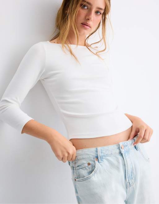 Stradivarius Boat neck 3/4 sleeve t-shirt in ecru, 5 of 7