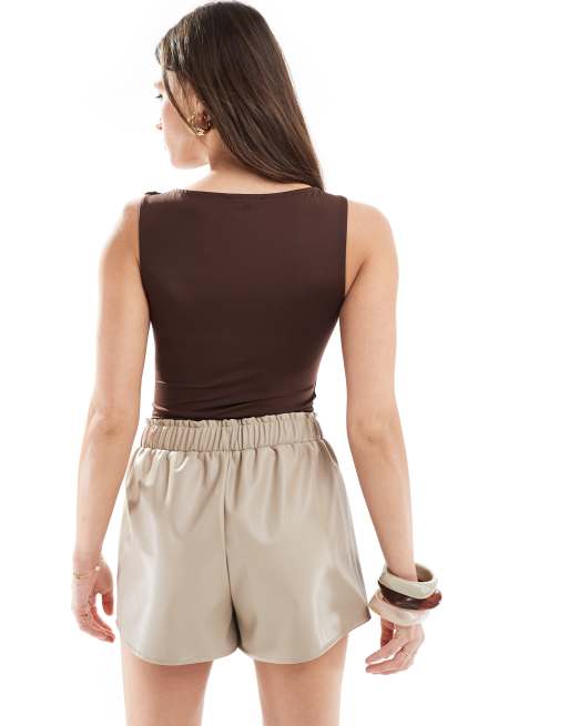 Stradivarius boat neck bodysuit in brown