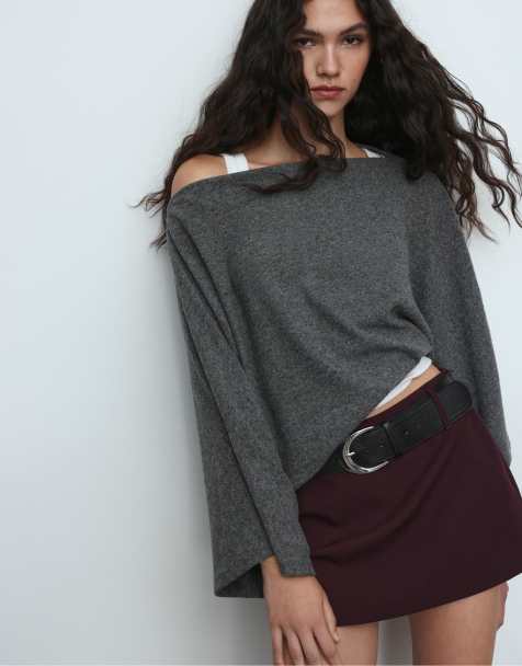 Stradivarius Boat neck cape top in dark grey