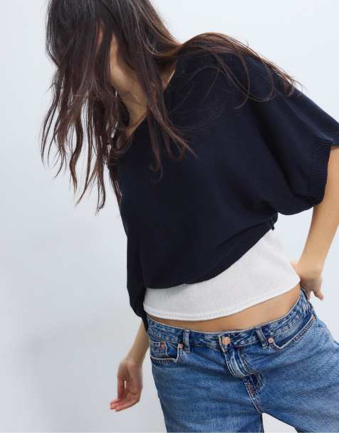 Stradivarius Boat neck knit jumper with overlay in dark blue - view 1