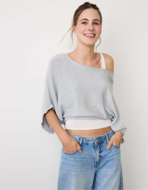 Stradivarius Boat neck knit jumper with overlay in grey melange