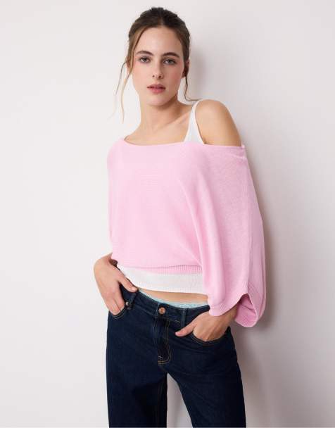 Stradivarius Boat neck knit jumper with overlay in pastel pink