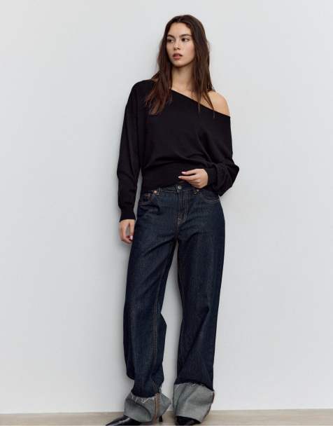 Stradivarius Boat neck knit sweater in black