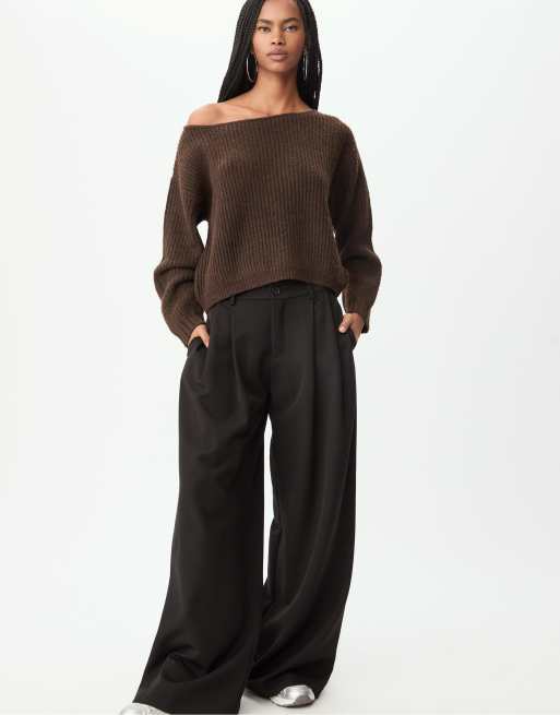 Stradivarius Boat neck knit sweater in brown | ASOS