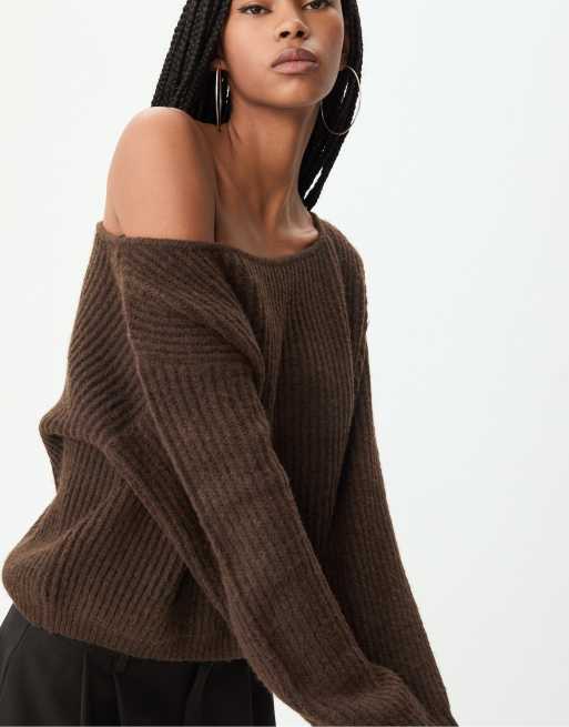 Stradivarius Boat neck knit sweater in brown | ASOS