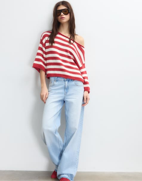 Stradivarius Boat neck knit sweater in red - view 1