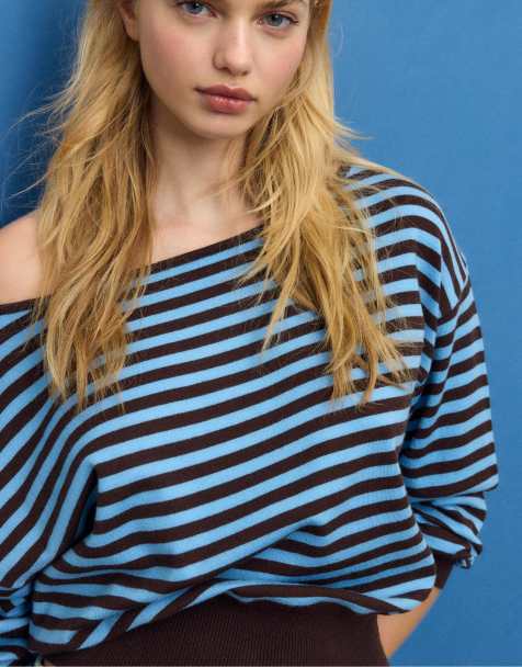 Stradivarius Boat neck knit sweater in royal blue - view 1