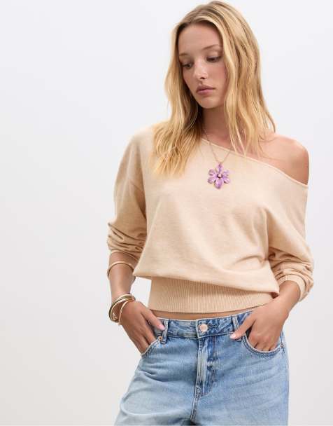 Stradivarius Boat neck knit sweater in stone - view 1