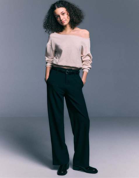 Stradivarius Boat neck knit sweater in stone