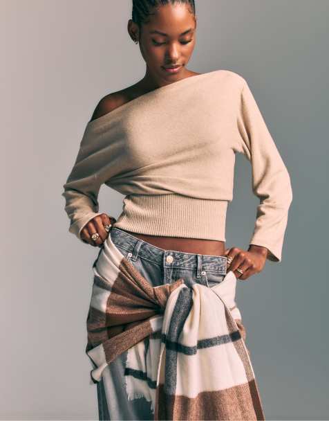 Stradivarius Boat neck knit t-shirt with sash belt in stone