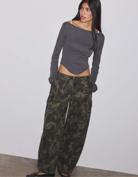 Stradivarius Boat neck long sleeve t-shirt in dark grey