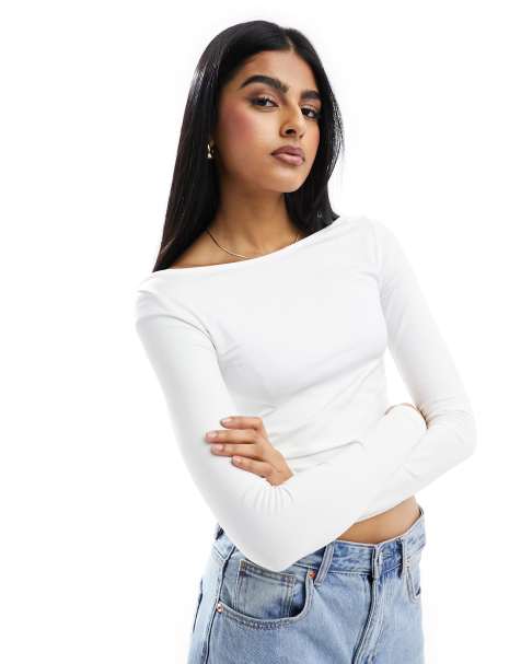 White Long Sleeve Crop Tops For Women