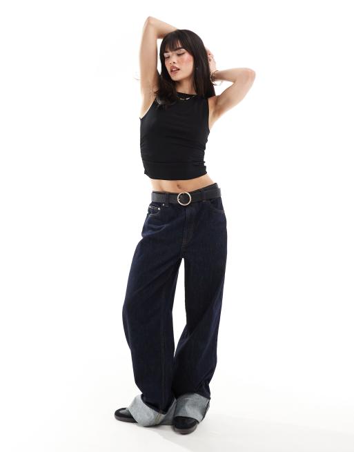 Stradivarius boat neck ruched side tank top in black | ASOS
