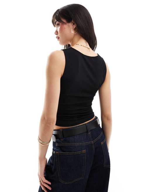 Stradivarius boat neck ruched side tank top in black | ASOS