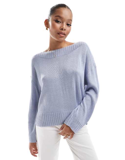 Stradivarius boat neck sweater in light blue ASOS