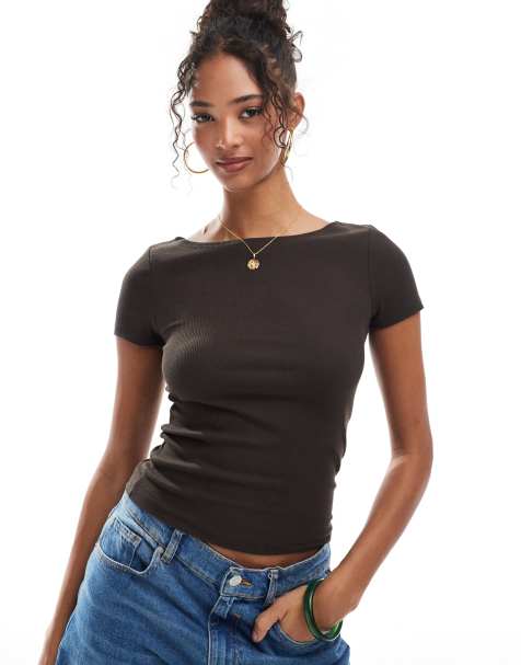 Stradivarius boat neck t-shirt in brown - view 1