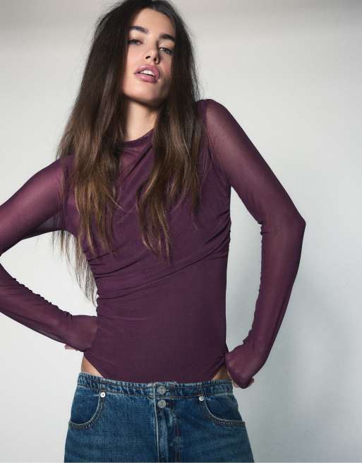 Stradivarius Body à manches longues en tulle drapé violet, 2 de 7