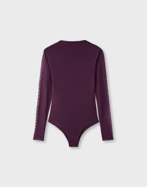 Stradivarius Body à manches longues en tulle drapé violet, 7 de 7