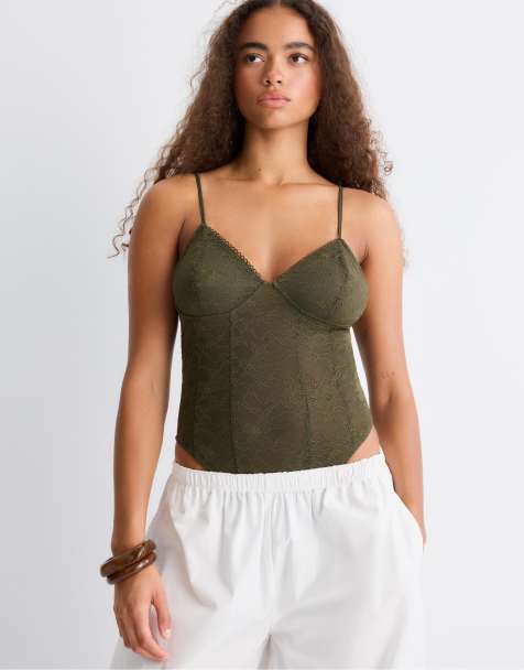 Stradivarius - Body avec bretelles en dentelle - Vert olive - view 1