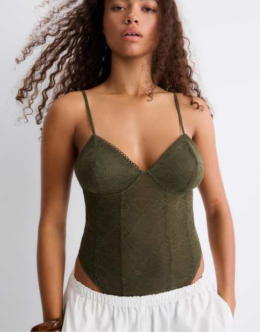 Stradivarius - Body avec bretelles en dentelle - Vert olive, 4 de 4