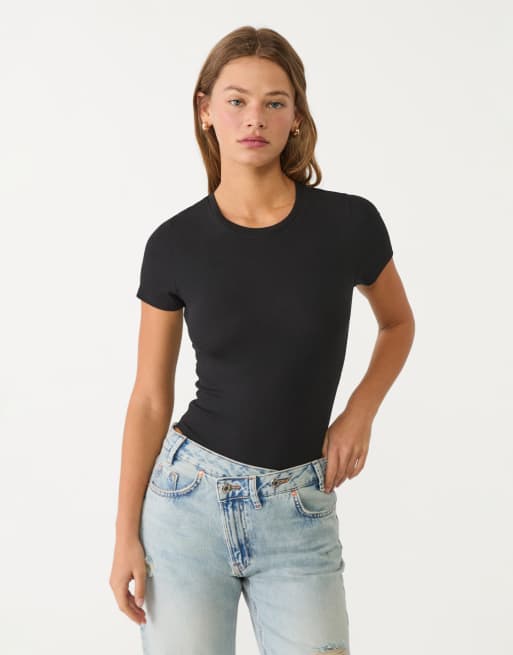 Stradivarius - Body basic nero con scollo rotondo