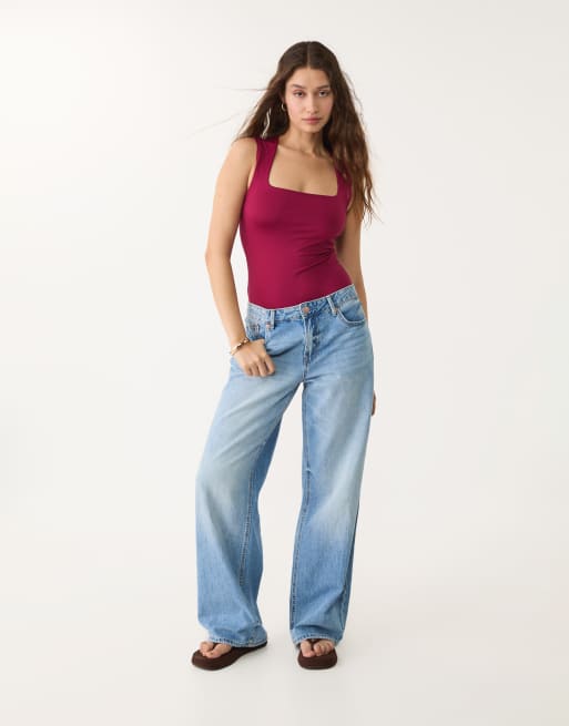 Stradivarius - Body bordeaux in poliammide con scollo squadrato