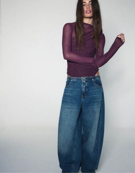 Stradivarius body in mesh drappeggiato a maniche lunghe viola - view 1