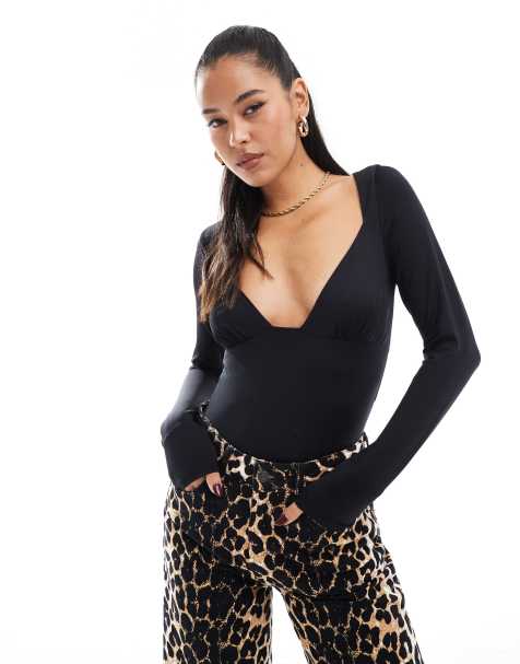 Stradivarius - Body manches longues avec décolleté plongeant en V - Noir - view 1