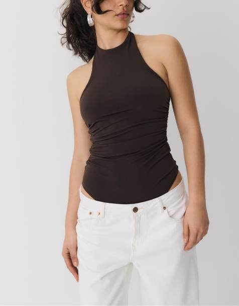 Stradivarius - Body marrone allacciato al collo - view 1