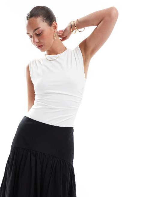 Stradivarius - Body met kapmouwen en rimpeleffect in wit