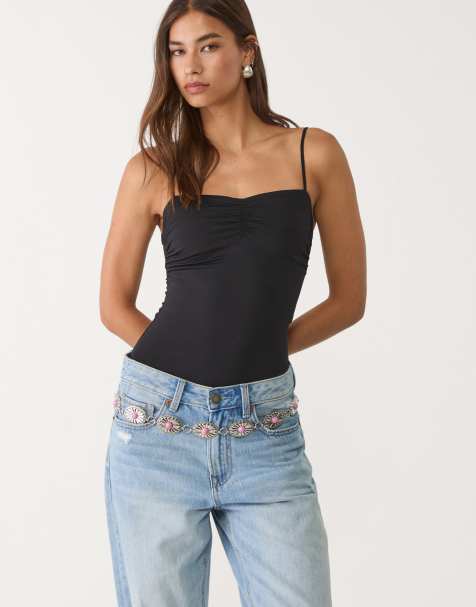 Stradivarius - Body nero con spalline sottili e plissettature - view 1