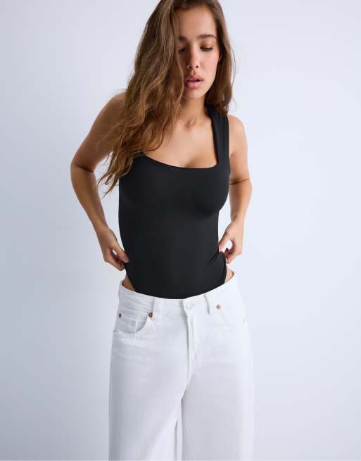 Stradivarius - Body nero in poliammide con scollo squadrato, 2 di 4