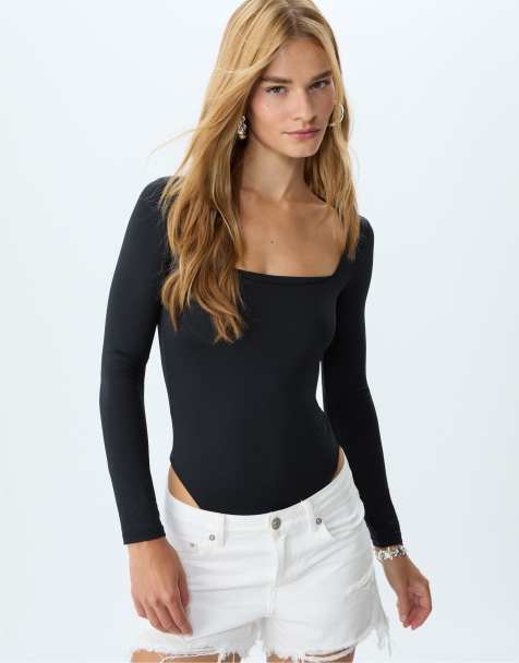 Stradivarius - Body nero in poliammide con scollo squadrato - view 1