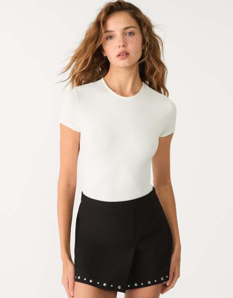 Stradivarius - Body van polyamide met korte mouwen in ecru - view 1