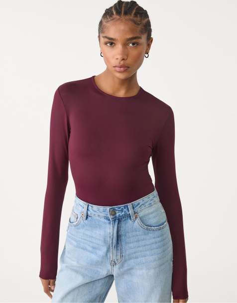 Stradivarius - Body van polyamide met lange mouwen in paars - view 1