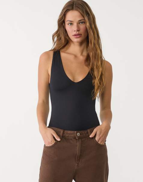 Stradivarius - Body van polyamide met V-hals in zwart - view 1