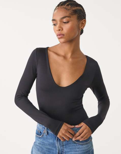 Stradivarius - Body van polyamide met V-hals in zwart - view 1