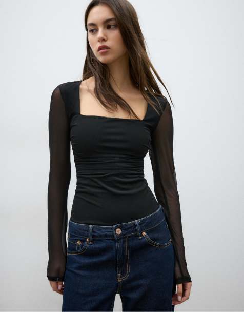 Stradivarius - Body van tulle met vierkante halslijn in zwart - view 1