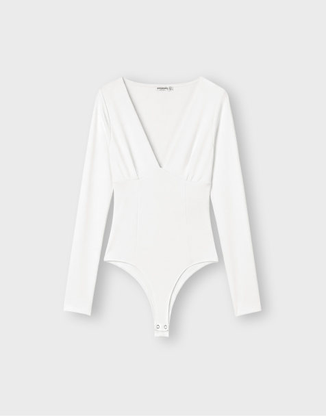 Stradivarius bodystocking med v-hals og rynkning under barmen i vanilje - view 1