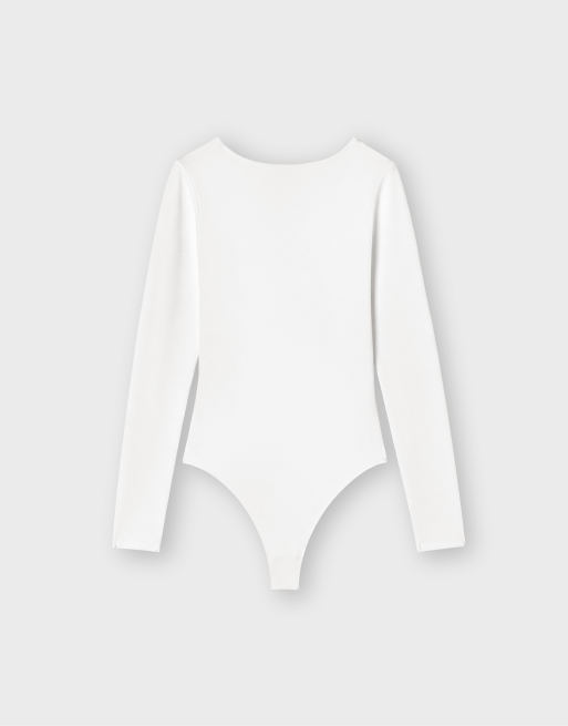 Stradivarius bodystocking med v-hals og rynkning under barmen i vanilje, 7 af 7