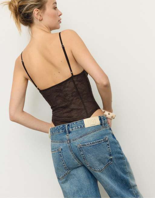 Stradivarius Bodysuit with lace straps in brown, 3 of 4